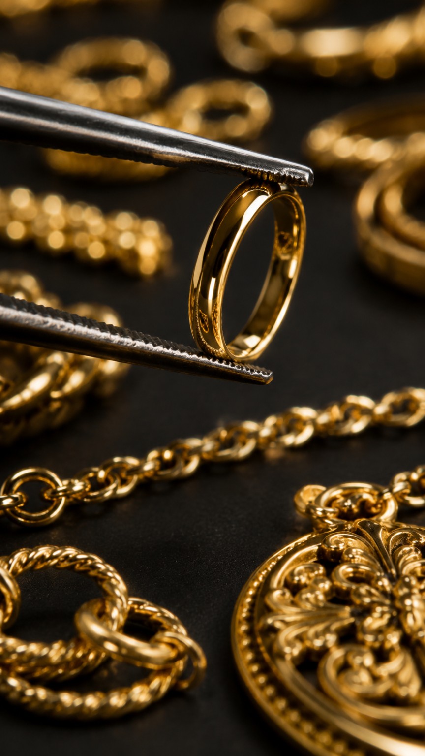 Joias de ouro em close para avaliação